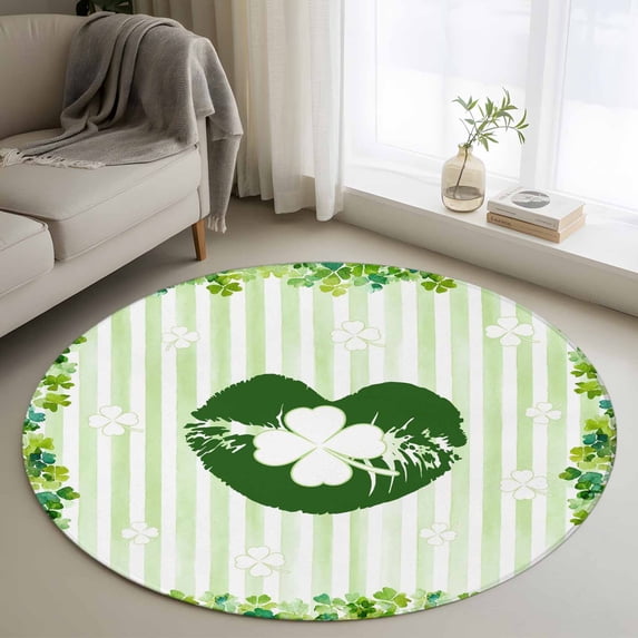 St. Patrick's Day Round Rug 4ft Washable Circle Entryway Rugs Non Slip Lucky Shamrock Leaves Lips Green Stripes Area Rug Indoor Floor Carpet for Bedroom Kitchen Living Room Home Office Dining Room