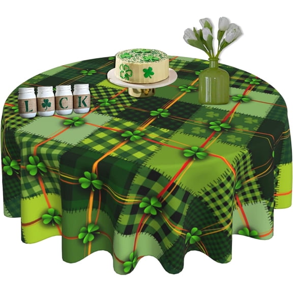 St. Patrick''s Day Round Tablecloth 60 Inch Green Shamrock Floral Washable Microfiber Decorative Table Covers Picnic Party