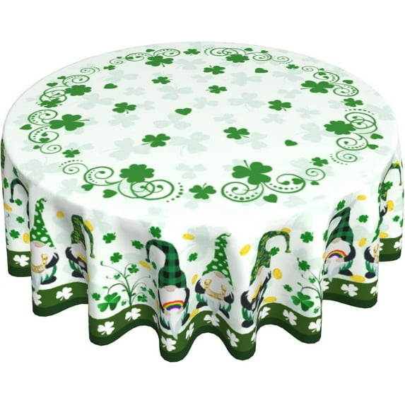 St Patrick''s Day Round Tablecloth 60 Inch Green Shamrock Gold Coin Gnome Table Cloth Spring Farmhouse Holiday Polyester Table Cover Decorative for Indoor Outdoor Kitchen Dining Party