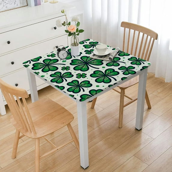 St Patrick's Day Round Tablecloth, Elastic Edged Fitted Table Cloth for Kitchen Dining Room, Cartoon Pattern Spill Proof Fabric Table Cover, Green White
