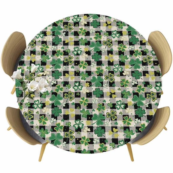 St Patrick's Day Round Tablecloth, Fitted Table Cover with Elastic for 55"-60" Round Tables, Lucky Shamrocks Farmhouse Retro Check Table Cloth Outdoor Indoor Dinning Party Waterproof Tablecloths