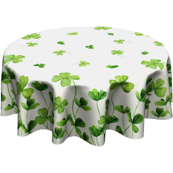 St. Patrick’s Day Round Tablecloth, Lucky Shamrock Table Cloth, Green and White Tablecloths, Four Leaf Clovers Waterproof Table Cover for Dinner Room Holiday Party Kitchen Decoration, 60 Inch