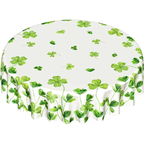St. Patrick‘s Day Round Tablecloth, Lucky Shamrock Table Cloth, Green and White Tablecloths, Four Leaf Clovers Waterproof Table Cover for Dinner Room Holiday Party Kitchen Decoration, 60 Inch