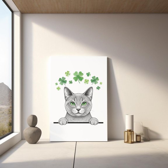 St. Patrick's Day Russian Blue Wall Art Print, Shamrock Russian Blue Poster, Lucky Cat Decor, Stretched Canvas 12x16in