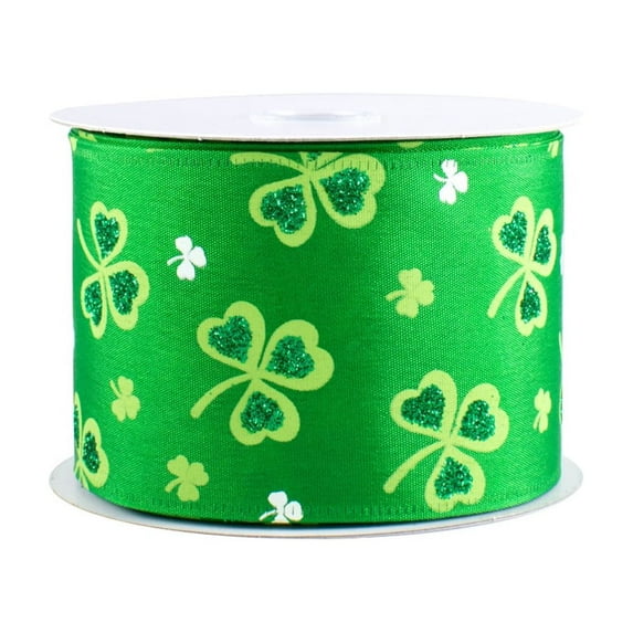 St Patrick's Day Satin Ribbon - 2 1/2" x 10 Yards, Wired Edge, Glittery Lime Green Shamrocks, Emerald Green Ribbon, Wreath, Saint Patrick's Day, Gift Wrap