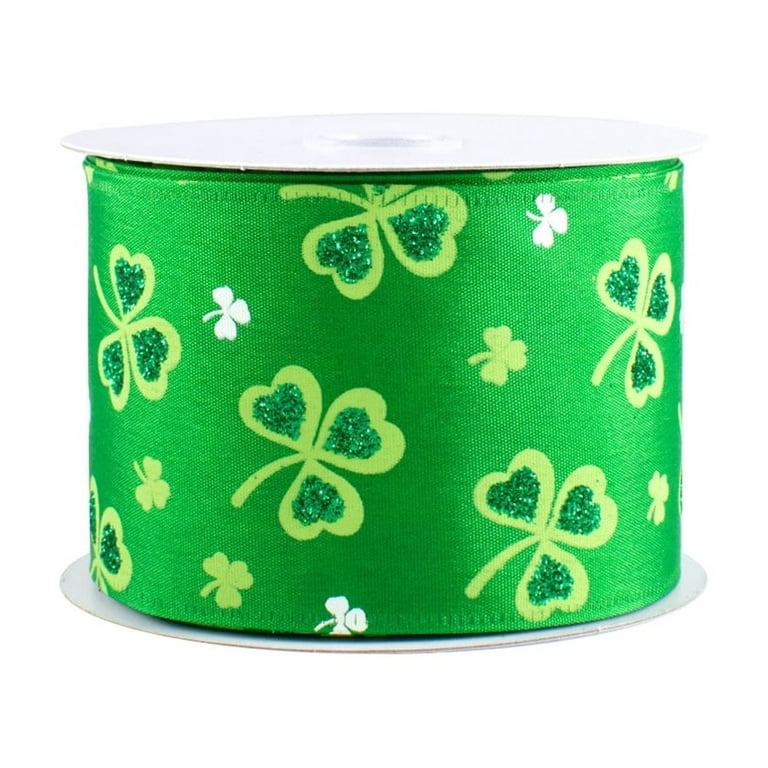 St Patrick's Day Satin Ribbon - 2 1/2 x 10 Yards, Wired Edge, Glittery  Lime Green Shamrocks, Emerald Green Ribbon, Wreath, Saint Patrick's Day,  Gift Wrap 