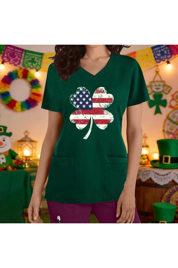 St. Patrick's Day Scrub Top for Women Distressed American Flag Shamrock Graphic V Neck Short Sleeve Pockets Nursing Uniform Workwear Festival Top