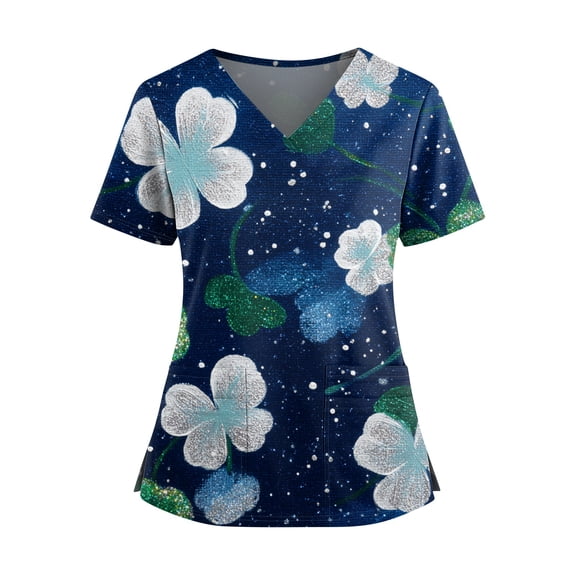 St. Patrick's Day Scrub Top for Women - V-Neck Short Sleeve Shamrock Print Medical Nursing Uniform with Pockets Blue 4XL