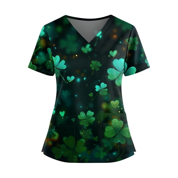 St. Patrick's Day Scrub Top for Women - V-Neck Short Sleeve Shamrock Print Medical Nursing Uniform with Pockets Fluorescent Green S