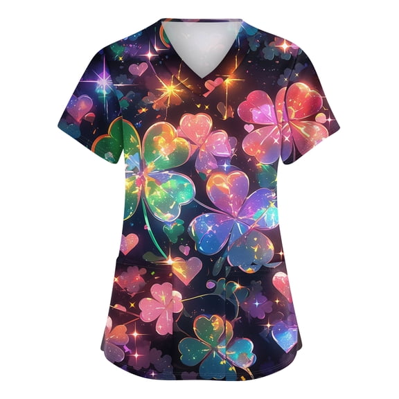St. Patrick's Day Scrub Tops Women Irish Lucky Clover V Neck Nurse Working Uniforms Summer Short Sleeve Festival Scrub Shirts