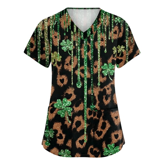 St. Patrick's Day Scrub Tops Women Irish Shamrock Printed Short Sleeve Medical Nurse Workwear Stretchy V Neck Holiday Blouse T-Shirt
