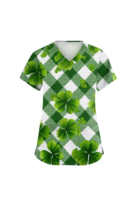 St. Patrick's Day Scrub Tops Women Irish Shamrock Printed Short Sleeve Nurse Working Uniforms Stretchy V Neck Festival Scrub Shirts