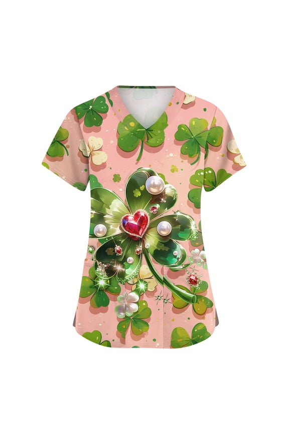 St. Patrick's Day Scrub Tops Women Irish Shamrock Printed Short Sleeve Nurse Working Uniforms Stretchy V Neck Holiday Blouse T-Shirt