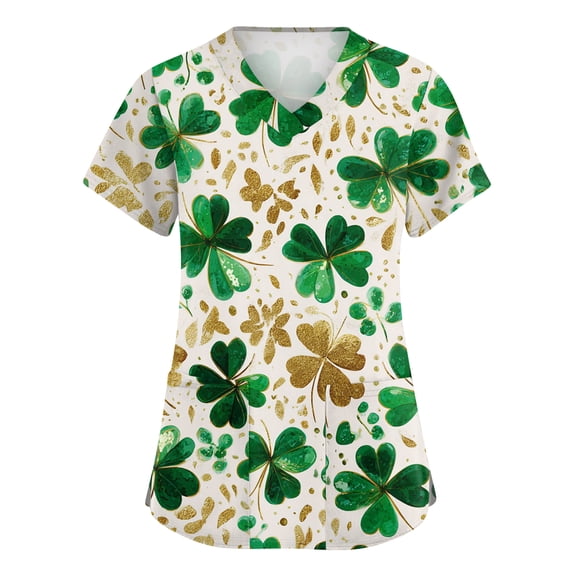 St. Patrick's Day Scrub Tops Women Irish Shamrock Printed V Neck Nurse Working Uniforms Summer Short Sleeve Festival Scrub Shirts