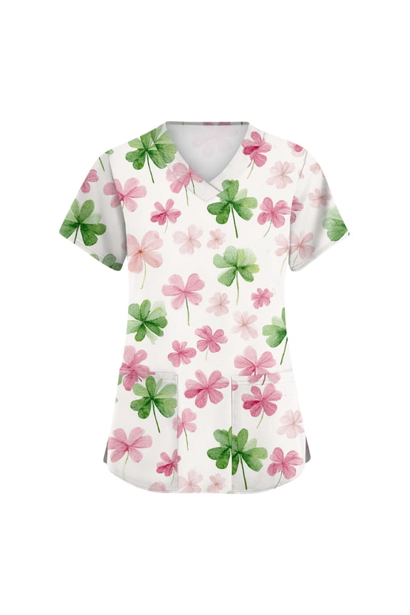 St. Patrick's Day Scrub Tops Women Irish Shamrock Printed V Neck Nurse Working Uniforms Summer Short Sleeve Festival Scrub Shirts