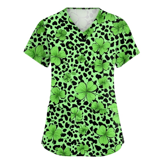 St. Patrick's Day Scrub Tops Women Irish Shamrock Printed V Neck Nurse Working Uniforms Summer Short Sleeve Holiday Blouse T-Shirt