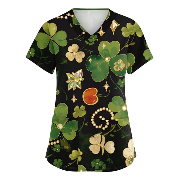 St. Patrick's Day Scrub Tops Women Stretchy V Neck Scrubs Top Irish Shamrock Printed Medical Nurse Workwear Festival Scrub Shirts