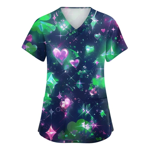 St. Patrick's Day Scrub Tops Women Stretchy V Neck Scrubs Top Irish Shamrock Printed Nurse Uniforms Workwear Holiday T Shirt