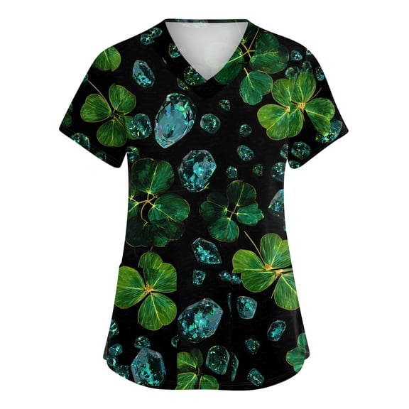 St. Patrick's Day Scrub Tops Women V Neck Short Sleeve Scrubs Top Irish Shamrock Printed Medical Nurse Workwear Festival Scrub Shirts