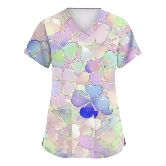 St. Patrick's Day Scrub Tops Women V Neck Short Sleeve Scrubs Top Irish Shamrock Printed Nurse Working Uniforms Festival Scrub Shirts