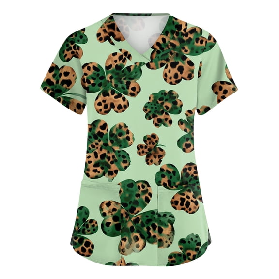 St. Patrick's Day Scrub Tops Women V Neck Short Sleeve Scrubs Top Irish Shamrock Printed Nurse Working Uniforms Holiday T Shirt