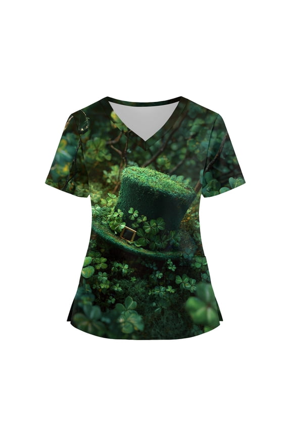 St. Patrick's Day Scrub Tops for Women Funny Shamrock Printed V-Neck Medical Shirt Tops 2026 St. Patrick's Day New Medical Plus Size Scrub T Shirts