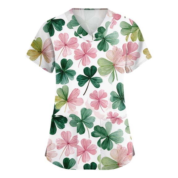 St. Patrick's Day Scrub Tops for Women Irish Lucky Clover V Neck Nurse Working Uniforms Short Sleeve Soft Stretch Festival Scrub Shirts