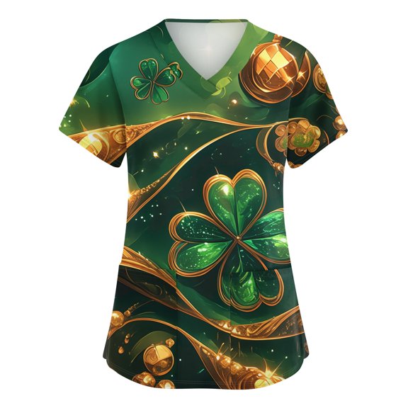 St. Patrick's Day Scrub Tops for Women Irish Lucky Clover V Neck Nurse Working Uniforms Short Sleeve Soft Stretch Holiday Blouse T-Shirt