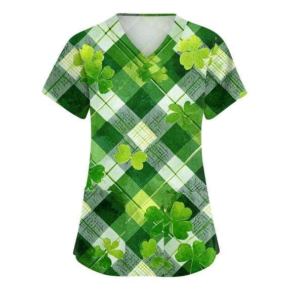 St. Patrick's Day Scrub Tops for Women Irish Shamrock Printed Short Sleeve Nurse Uniforms Workwear Stretchy V Neck Holiday Blouse T-Shirt