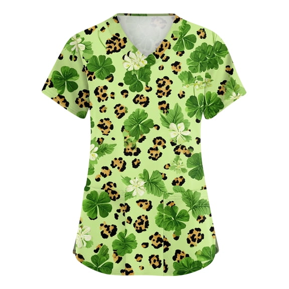 St. Patrick's Day Scrub Tops for Women Irish Shamrock Printed Short Sleeve Nursing Working Uniform Stretchy V Neck Holiday Blouse T-Shirt