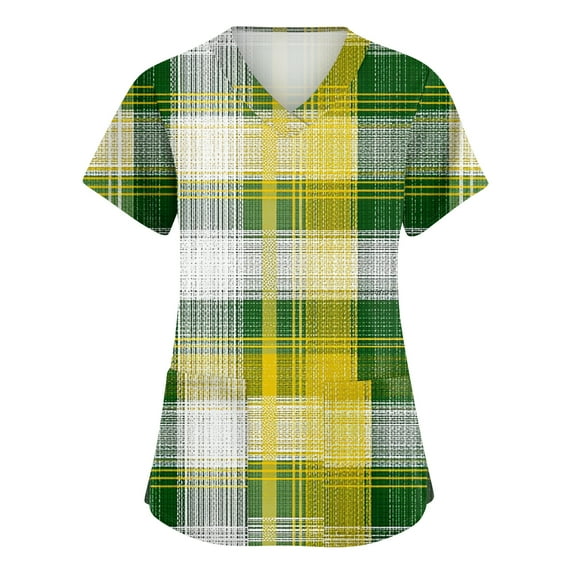 St. Patrick's Day Scrub Tops for Women Irish Shamrock Printed Short Sleeve Nursing Working Uniform Stretchy V Neck Holiday Blouse T-Shirt