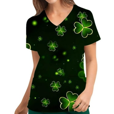 St. Patrick's Day Scrub Tops for Women Shamrock Print Short Sleeve V Neck Medical Nurse Uniform with Pockets