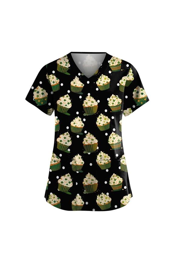 St. Patrick's Day Scrubs Tops for Women Cute Clover Print Short Sleeve Nurse Working Uniforms St. Patrick's Day Caregiver T Shirts