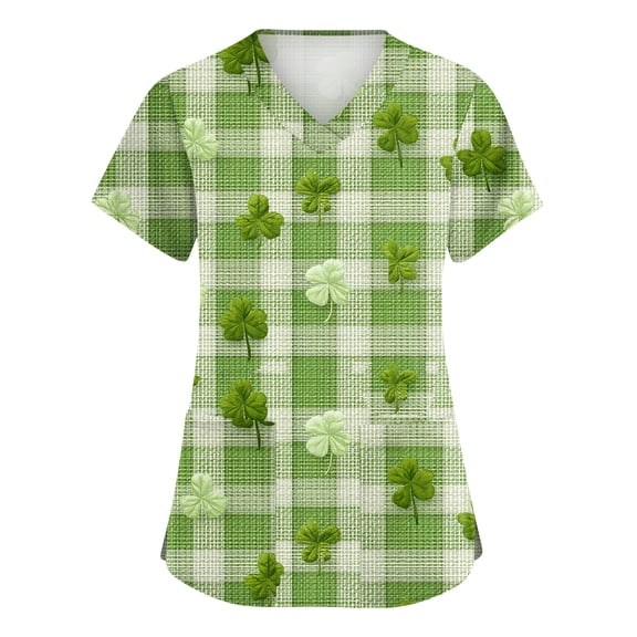 St. Patrick's Day Scrubs Tops for Women Irish Lucky Clover V Neck Nurse Working Uniforms Short Sleeve Soft Stretch Festival Scrub Shirts