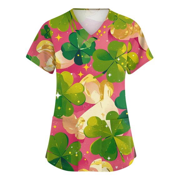 St. Patrick's Day Scrubs Tops for Women Irish Lucky Clover V Neck Nurse Working Uniforms Short Sleeve Soft Stretch Holiday Blouse T-Shirt