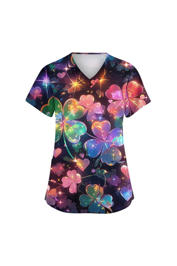 St. Patrick's Day Scrubs Tops for Women Irish Lucky Clover V Neck Nurse Working Uniforms Summer Short Sleeve Festival Scrub Shirts
