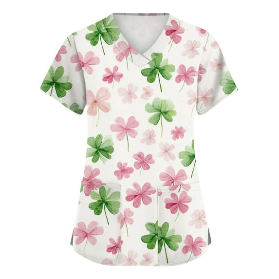 St. Patrick's Day Scrubs Tops for Women Irish Shamrock Printed Short Sleeve Nurse Uniforms Workwear Stretchy V Neck Holiday Blouse T-Shirt