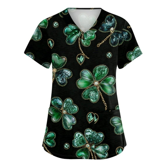 St. Patrick's Day Scrubs Tops for Women Irish Shamrock Printed Short Sleeve Nurse Uniforms Workwear Stretchy V Neck Holiday Blouse T-Shirt