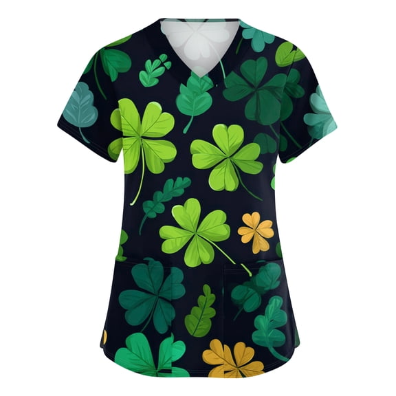 St. Patrick's Day Scrubs Tops for Women Irish Shamrock Printed V Neck Nurse Working Uniforms Summer Short Sleeve Holiday Blouse T-Shirt