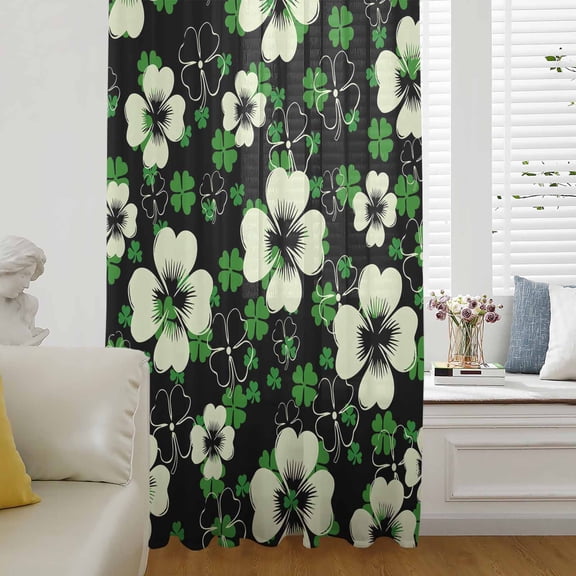 St. Patrick's Day Semi Sheer Curtains Drapes for Living Room, Bedroom, French Doors Window 45 Inches Long, Green Lucky Shamrock Spring Rod Pocket Chiffon Curtain Drapery Voile Draperies Panel