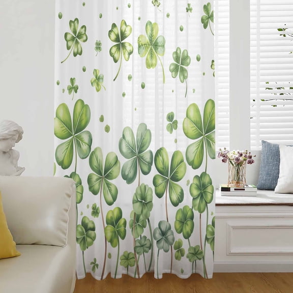 St. Patrick's Day Semi Sheer Curtains Drapes for Living Room, Bedroom, French Doors Window 84 Inches Long, Spring Sage Green Four Leaf Grass Rod Pocket Chiffon Curtain Drapery Voile Draperies Panel