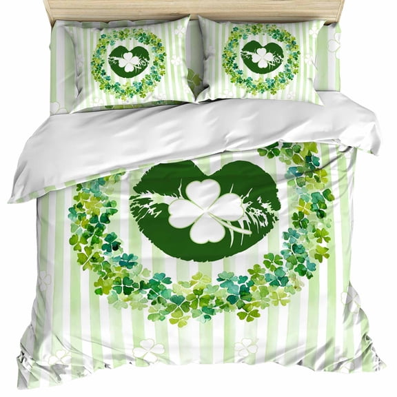 St. Patrick's Day Set of 4 Bedding Quilt Covers, Lucky Shamrock Wreath Lips Green Stripes 4-Piece Bed Sheet Set with Extra Soft Bed Sheets Quilt Cover Pillowcase, Full