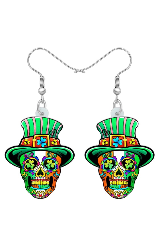 St. Patrick's Day Shamrock Acrylic Floral Sugar Skull Earrings Dangle Jewelry for Women Holiday Gift