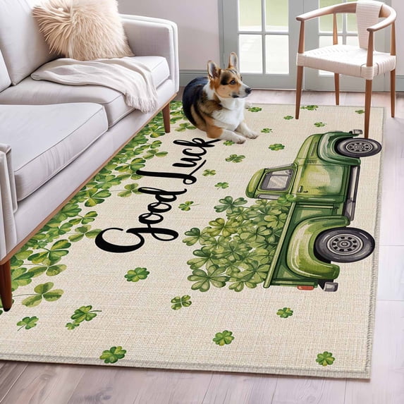 St Patrick's Day Shamrock Area Rug 4'x6', Green Truck Lucky Four Leaf Beige Washable Non-Slip Rugs, Low Pile Large Carpet for Living Room Bedroom Dining Room Kitchen Office Indoor Mat
