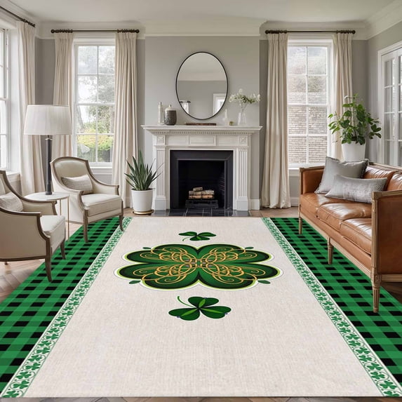 St.Patrick's Day Shamrock Area Rugs 5'x8', Washable Small Throw Rugs for Classroom Bedroom, Lucky Green Leaves Farmhouse Plaid Indoor Outdoor Rug Non-Slip Low Pile Carpet Runner Reversible Floor Mats