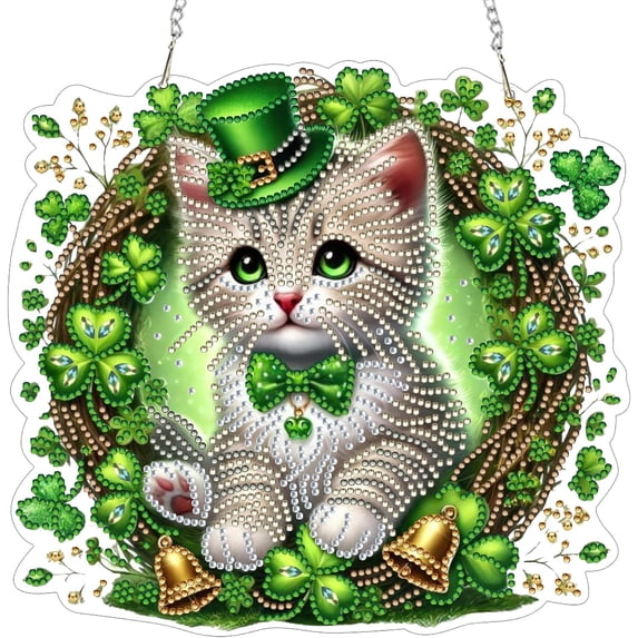 St. Patrick's Day Shamrock Cat Hanging Diamond Art Set-Irish Holiday Green Clover Cat Decor for Wall & Door Hanging