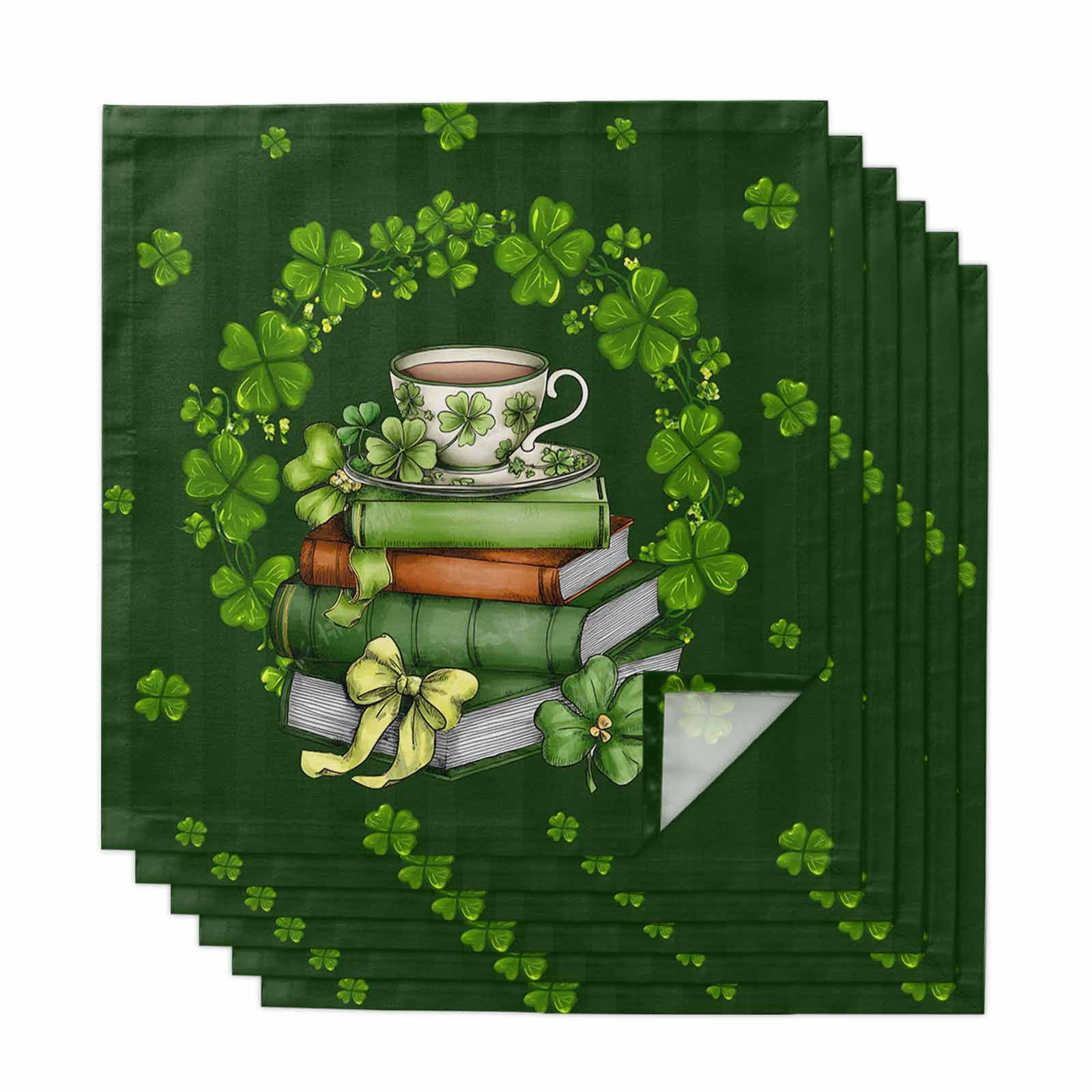 St. Patrick’s Day Shamrock Cloth Napkins, Dark Green Books Cups Lucky Leaf Washable and Reusable Dinner Napkins Set of 6, Table Napkin for Kitchen Party Birthday Wedding Hotel Housewarming 20"x20"