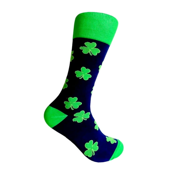 St. Patrick's Day Shamrock Clover Pattern Novelty Mid-calf Dress Casual Socks for Men in Navy with Irish Green Color