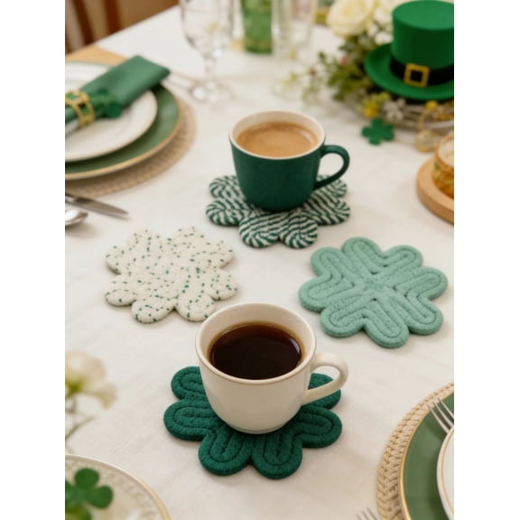 St. Patrick's Day Shamrock Cotton Coasters Handmade Braided Drink Coasters Green Lucky Clover Absorbent Cup Mats with Holder for Irish Holiday Party Home Table Decor, Set of 4