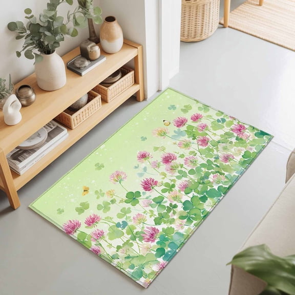 St. Patrick's Day Shamrock Flower Rectangle Area Rug 2x3ft,Living Room Rug Non-Slip Washable Circle Rugs Pad,Green Leaf Pink Flower Soft Floor Carpet for Bedroom Dining Room